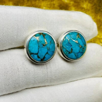 Handgefertigt Blau Türkis & Gold Vene Runde Manschettenknöpfe – Silberfarben - Bild 1 von 4