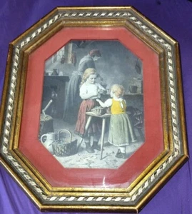 Print Marad wood gold gilt Octagon frame  glass #1126 VTG Victorian Pioneer - Picture 1 of 4