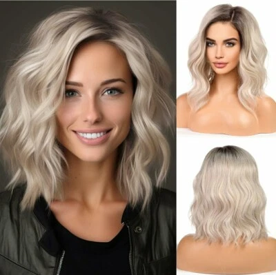 Platinum Blonde Wig Human Hair Blens Short Straight Bob Bangs Layers Natural - Image 1 of 4