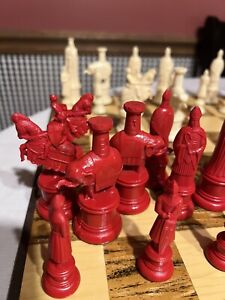Vintage Chess Set red ivory Kingsway Florentine 1947 11th century replica