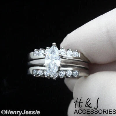 Women Stainless Steel Silver 1.65 Ct Marquis Shaped CZ Engagement Ring SETS*AR59 - Image 1 of 4