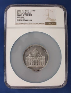 2017 Benin 3oz Silver 1500F coin "St Peter's Basilica" NGC Graded MS69 - Picture 1 of 4