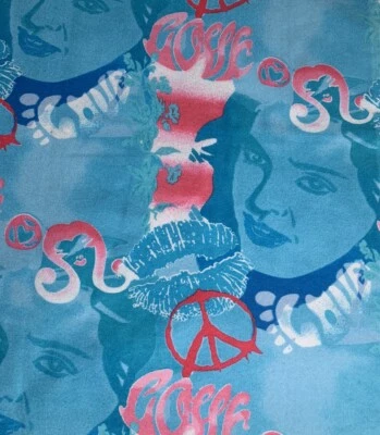 1 Yd + Peace, Love, Lips, Smile, Madanna Face, Turquoise Flannel Fabric 44" - Image 1 of 4