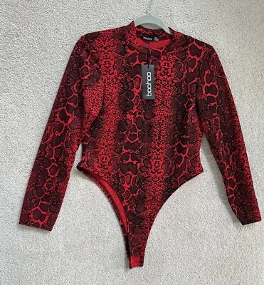 BooHoo Body Suit Womens 12 Red Black Thong Jumpsuit Peek-a-boo Collar NWT - Image 1 of 4