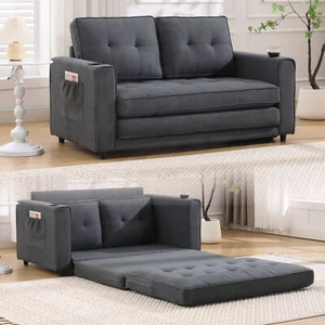 3-in-1 Fabric Futon Loveseat Convertible Pull Out Sleeper Sofa Bed Daybed Gray - Picture 1 of 12
