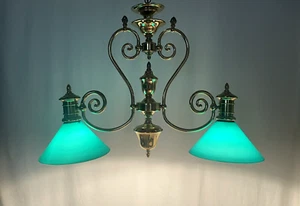 Vtg Chandelier EMERALITE Green Glass Billiards Pool Table Light Lamp Kitchen Bar - Picture 1 of 24