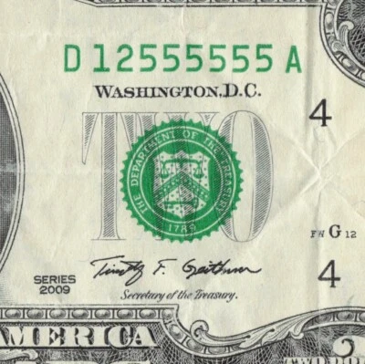 2009 Six in a Row 5s Trinary Two Dollar Bill D12555555A Cleveland A Run - Image 1 of 4