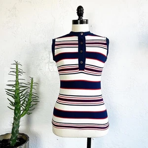 STRIPED NYLON KNIT 70’s 70s Mod Vintage Red Blue Blouse Shirt Tank Top Xs S - Picture 1 of 10