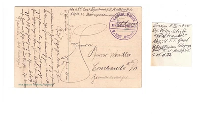 9Q Feldpost Emden 8.XI.1914 Unterseebot U 22 Wohnschiff "Waltraute" n.Cossebaude - Bild 1 von 2