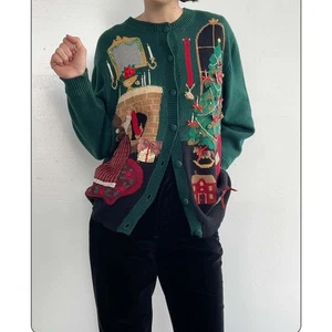 Susan Bristol Vintage 1995 3D Strickjacke Weihnachtspullover Grün Large - Bild 1 von 11