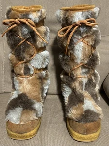 Vintage Eskimo Faux Fur Women's Brown Multicolor Leather Wrap Winter Boots Sz 7 - Picture 1 of 13