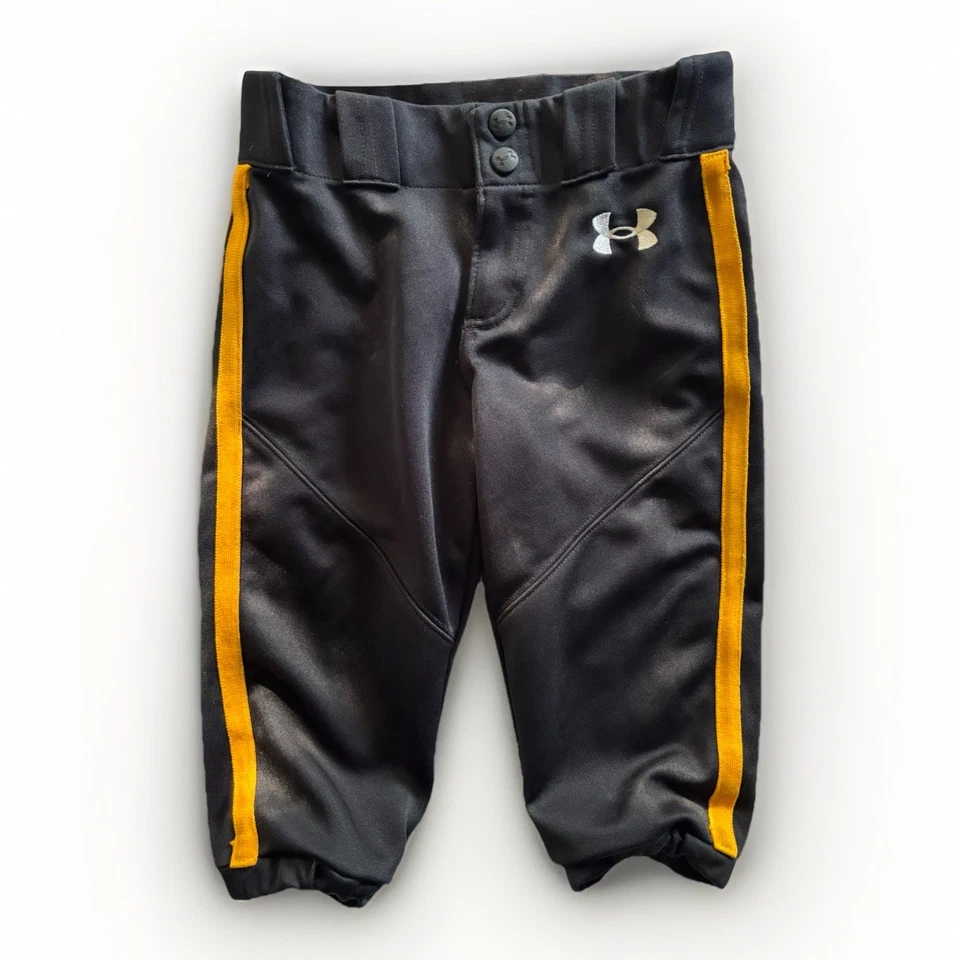 Pantalones de béisbol y softbol Under Armour juveniles YXS negros y amarillos recortados usados en excelente estado Foto 1 de 4
