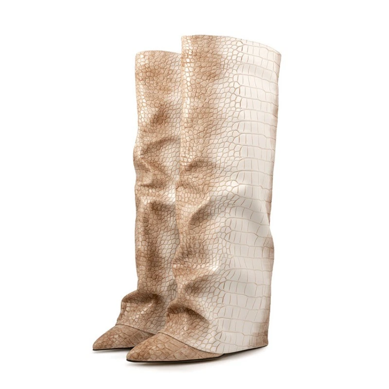 2026 American Nuevas Mujeres Cuero Punta Punta Tacón de Cuña Alto Botas Hasta la Rodilla Talla Foto 1 de 4