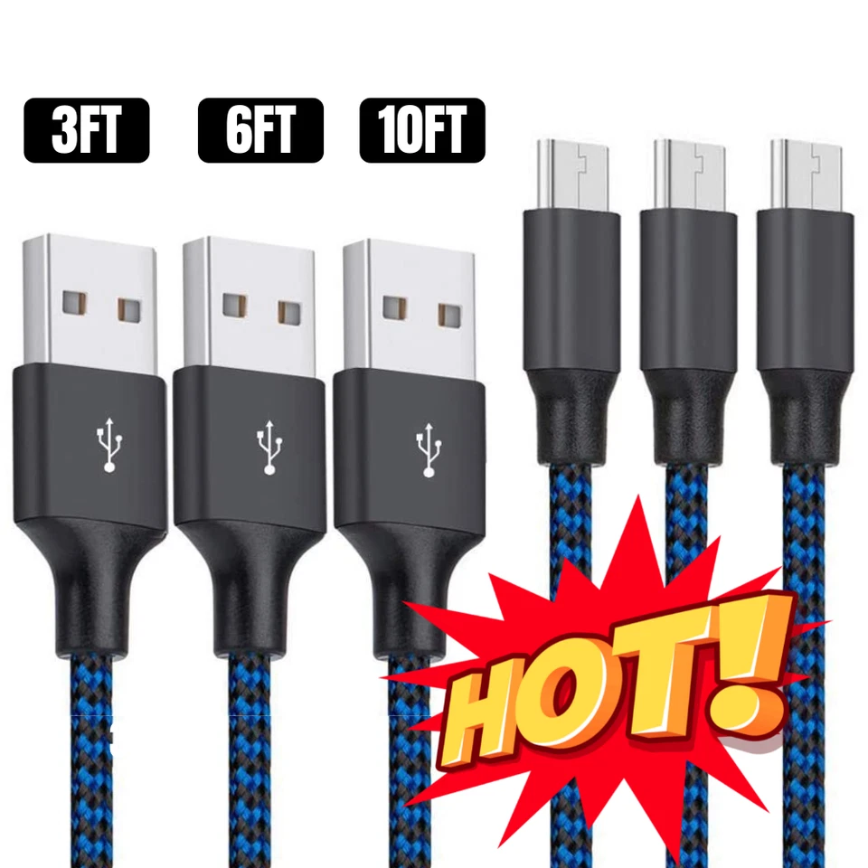 For Samsung Google Android Braided Micro USB Charger Cable Adapter Cord 3 Pack - Image 1 of 4