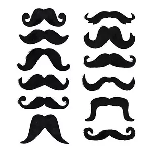 Pack of 12 Black Assorted Self-Adhesive Stick On Fancy Dress Curly Moustaches - Picture 1 of 1