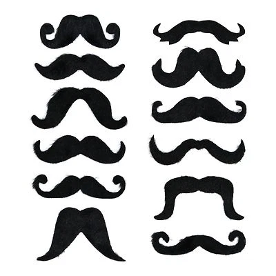 ROCKING PARTY Pack of 12 Black Assorted Self-Adhesive Stick On Fancy Dress Curly Moustaches
