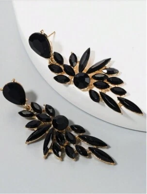 Womens Long Black Rhinestone Decor Dangle Drop Gold Metal Earrings Evening Party - Image 1 of 2