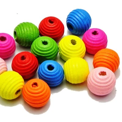 50 Mixed Bright Candy Color Fluted Round Wood Beads 14mm Kid Crafts - Image 1 of 4