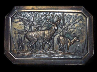 TH05145 VINTAGE 1976 **CIERVOS EN BOSQUE NEVADO** HEBILLA DE CINTURÓN DE PIEDRA DE BRONCE Foto 1 de 2