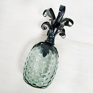 Vintage Handblown Green Glass Pineapple with Metal Stem/Leaves - Picture 1 of 8