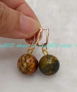 Pretty 12mm Multicolor Picasso Jasper Round Beads Gemstone Dangle Earrings - Picture 1 of 12