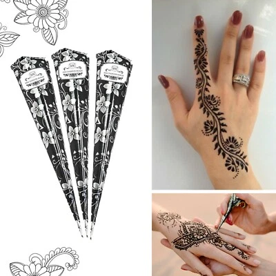 NEW FASHION HOUSE 3 Stück schwarze Henna Kegel | dunkelschwarzer Mehndi Kegel | Temporäre Tattoo Kunst