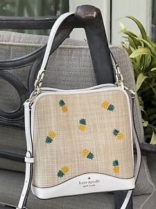 KATE SPADE WOMEN SMALL BUCKET PINEAPPLE EMBROIDERED CROSSBODY SHOULDER BAG WHITE