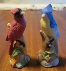 Vintage Blue Jay bird on a branch; and Cardinal on a branch w/Holly 4.5'