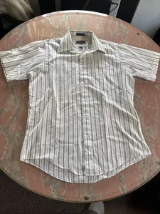 VTG 80s Short Sleeve Button Polo Size 15.5 Single Needle Korea White w/ Stripes - Picture 1 of 12