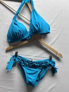 Kenneth Cole Women’s Small 32B/C Teal Blue Bikini Halter Top Ruffled Side Tie - Imagen 1 de 8