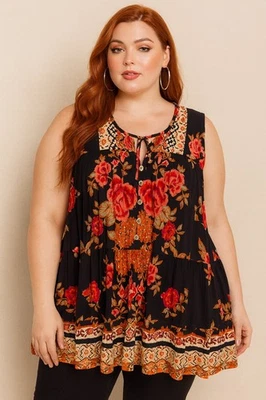 Romántico Top Gitano Rayón Boho Negro Floral Fairycore Babydoll Sin Mangas Talla 4XL Foto 1 de 4