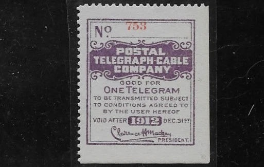 US Revenue, Scott 15T45, Postal Telegraph Company., 1912, Mint, OG, NH , F/VF - Image 1 of 1