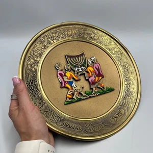 Vintage Judaica Brass Enamel Plate Menorah & Figures Israel Mid-Century 351g - Picture 1 of 8