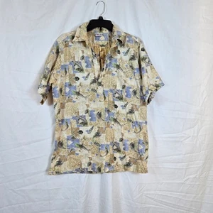Go Barefoot Vtg Men's Ivory Blue Reverse Print Short Sleeve Hawaiian Shirt Large - Picture 1 of 8