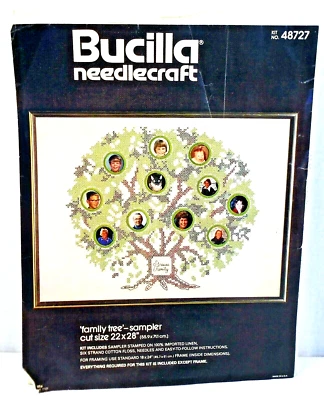 Vintage Bucilla Family Tree Cross Stitch Embroidery on Linen #48727 - No Floss - Image 1 of 3