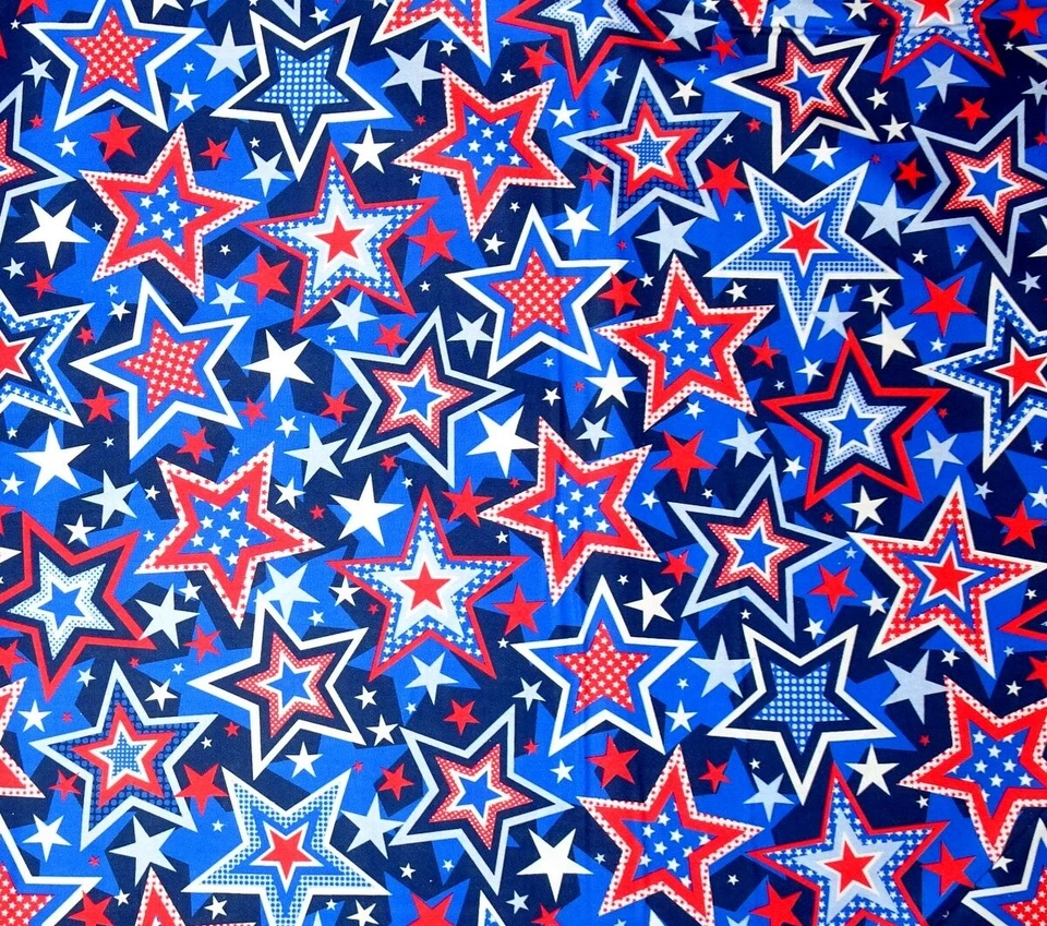 Patriotic Fabric - Red White Blue Overlapping Stars - Kanvas Benartex YARD - Image 1 of 1