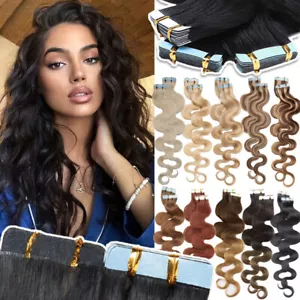 Body Wave Seamless Tape In Skin Weft 100% Real Remy Human Hair Extensions Wavy - Picture 1 of 43