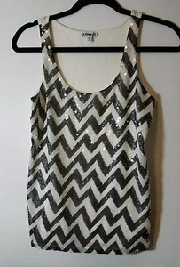 EXPRESS XS Cream Gray Shiny Sequin Front Scoopneck Fitted Knit Top Embellish - Picture 1 of 5