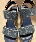 LOUIS VUITTON Authentic Wedge Sole Sandals Denim Blue Monogram size 37 US7 24cm