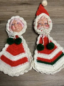 Vintage Handmade Kitschy Mr & Mrs Clause Pot Holder Set Plastic Faces - Picture 1 of 8