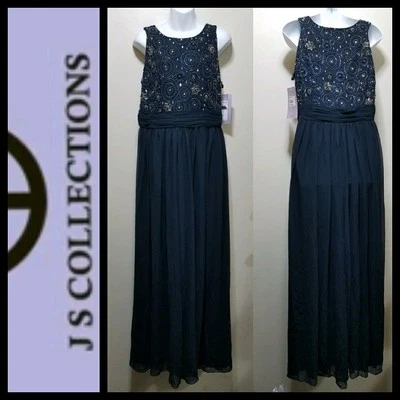 $310 JS COLLECTIONS Navy Embellish Sequin Bodice Chiffon Formal Gown ~12 M3020 - Image 1 of 4