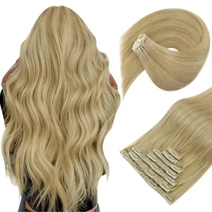 Sunny Hair Clip in Remy Human Hair Extensions 24 Inch Blonde Highlights 7 pieces - Picture 1 of 6