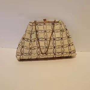 Vintage Magid Ivory Silk Black Danity Stiching Seed Beads Golden Chain Handbag - Picture 1 of 10
