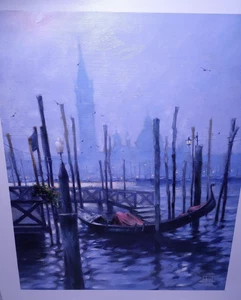 Vakhtang "Góndola por la noche" bote junto al muelle adornado a mano lona giclee - Imagen 1 de 20