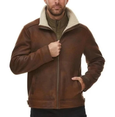 New Rainforest Faux Shearling Leather Aviator Jacket Brown Mens M - Image 1 of 4