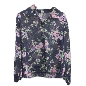 Vintage Haband! Blouse Sheer Navy Blue with Purple Flowers Green Leaves (Medium) - Picture 1 of 4