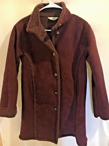 L.L. Bean Mulberry Faux Suede Sherpa Button Coat Jacket Vegan Womens S Pet CR - Picture 1 of 3