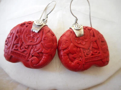 Sajen Sterling Silver Cinnabar Elephant Dangle Earrings    RE68 - Image 1 of 4