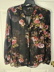 Kut From The Kloth Black Floral Sheer Button-down Blouse Tunic Length, Size XL - Picture 1 of 5