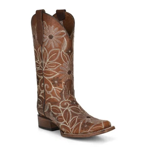 Circle G by Corral Ladies Saddle Floral Embroidered Tan Square Toe Boots L5837 - Picture 1 of 15